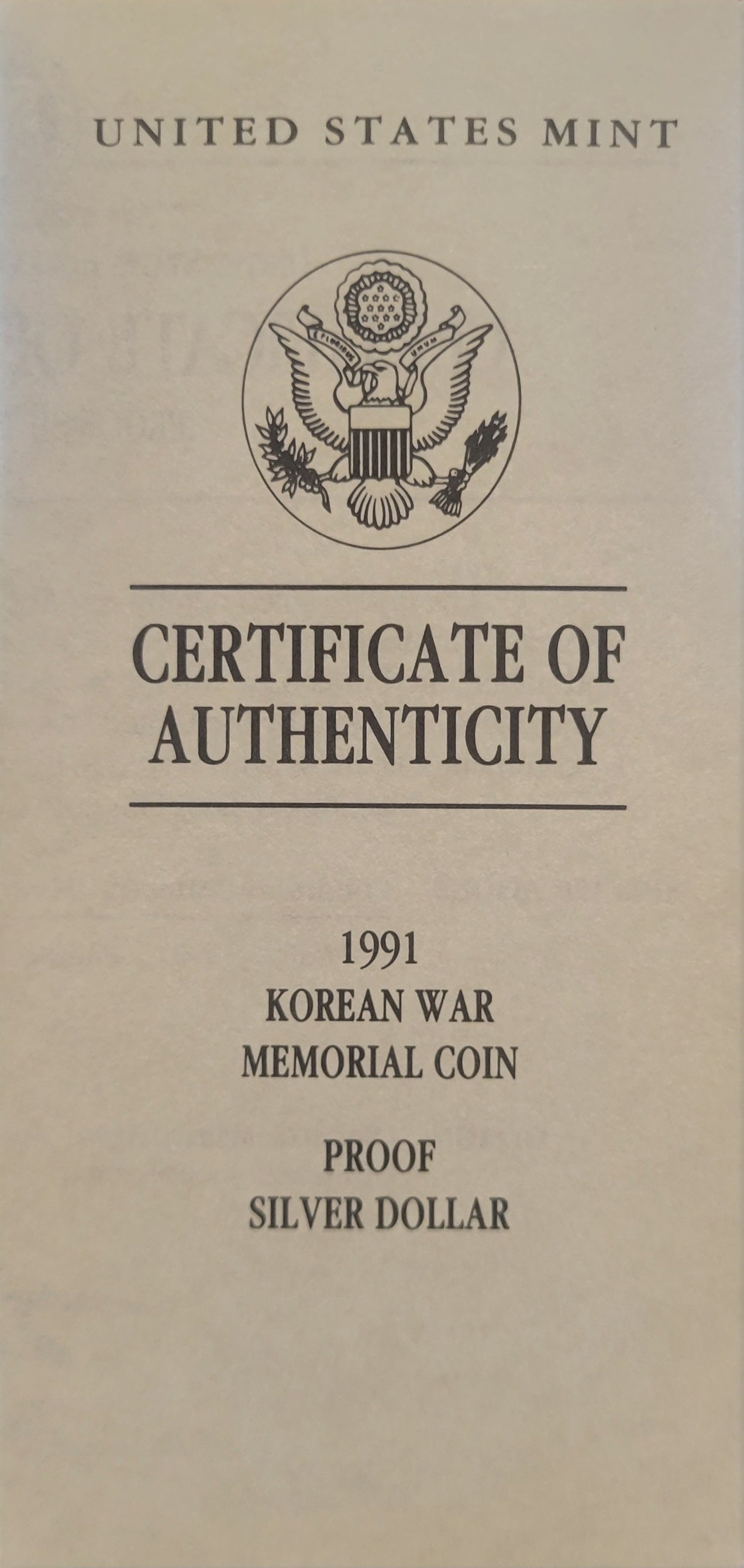 1991 United States Korean War Memorial coin (W/ Certificate of Authenticity)