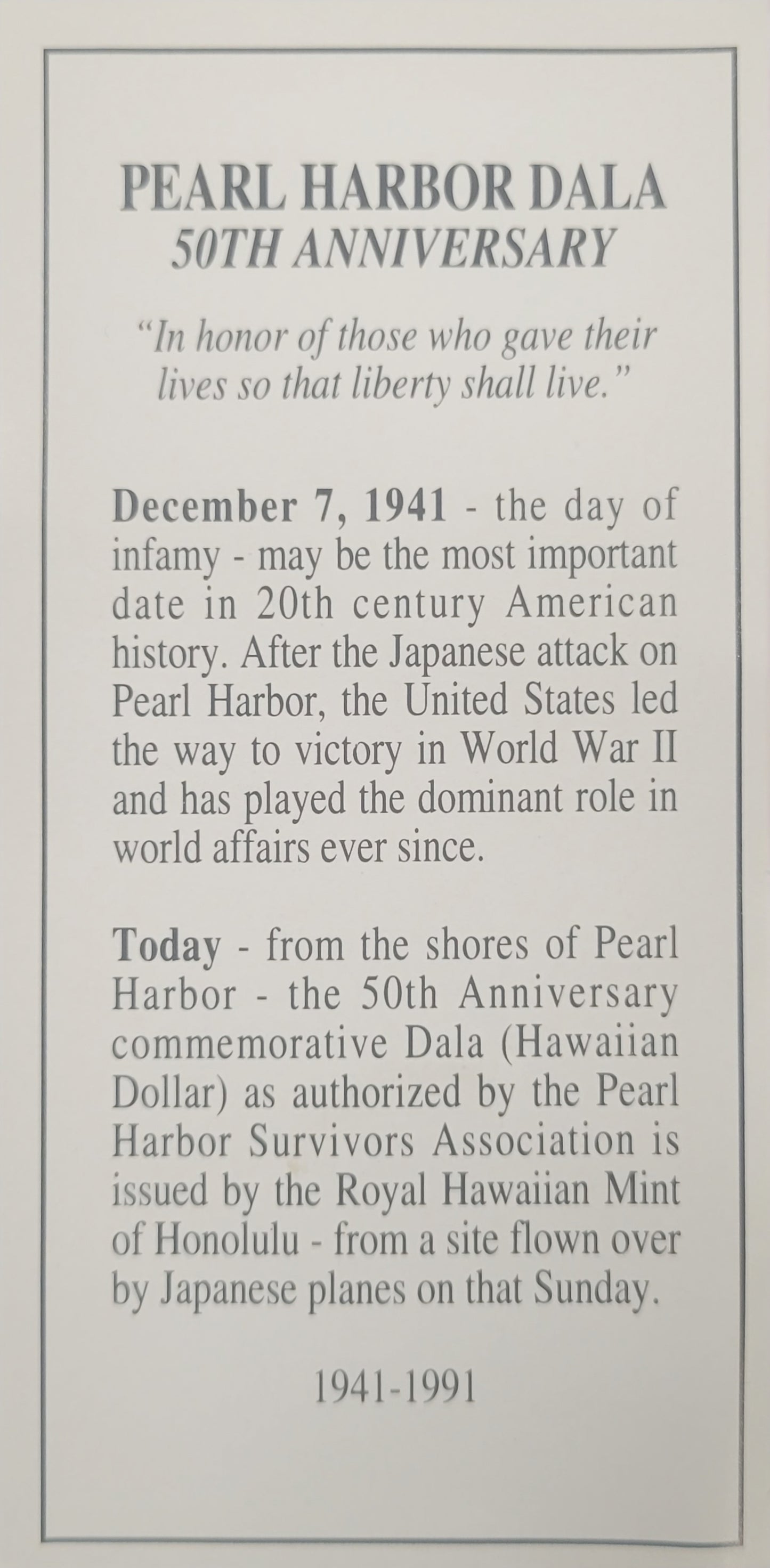 Official Pearl Harbor 50th Anniversary Commemorative