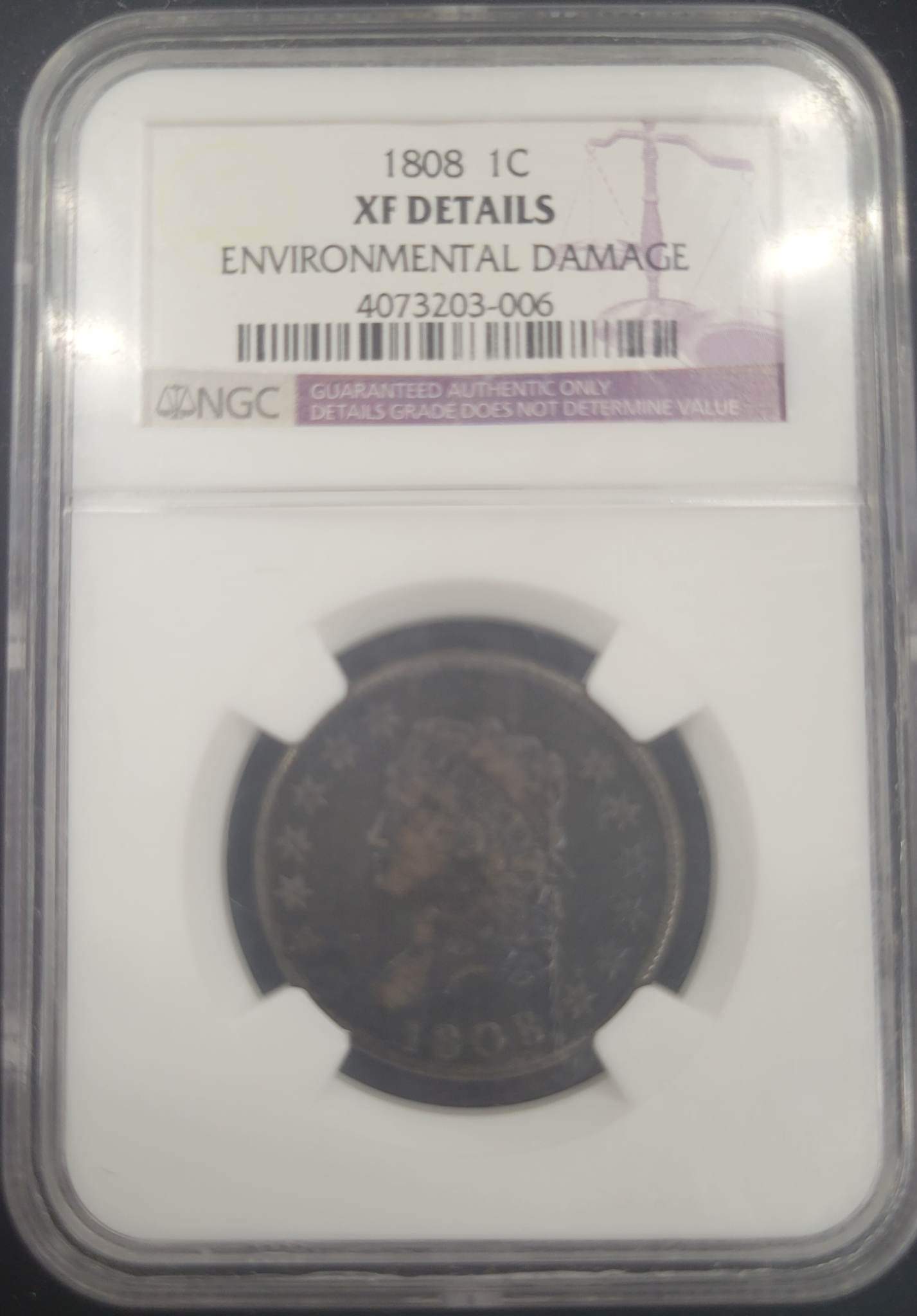 1808 Liberty Penny NGC certified XF Details with Enviromental Damage 1c